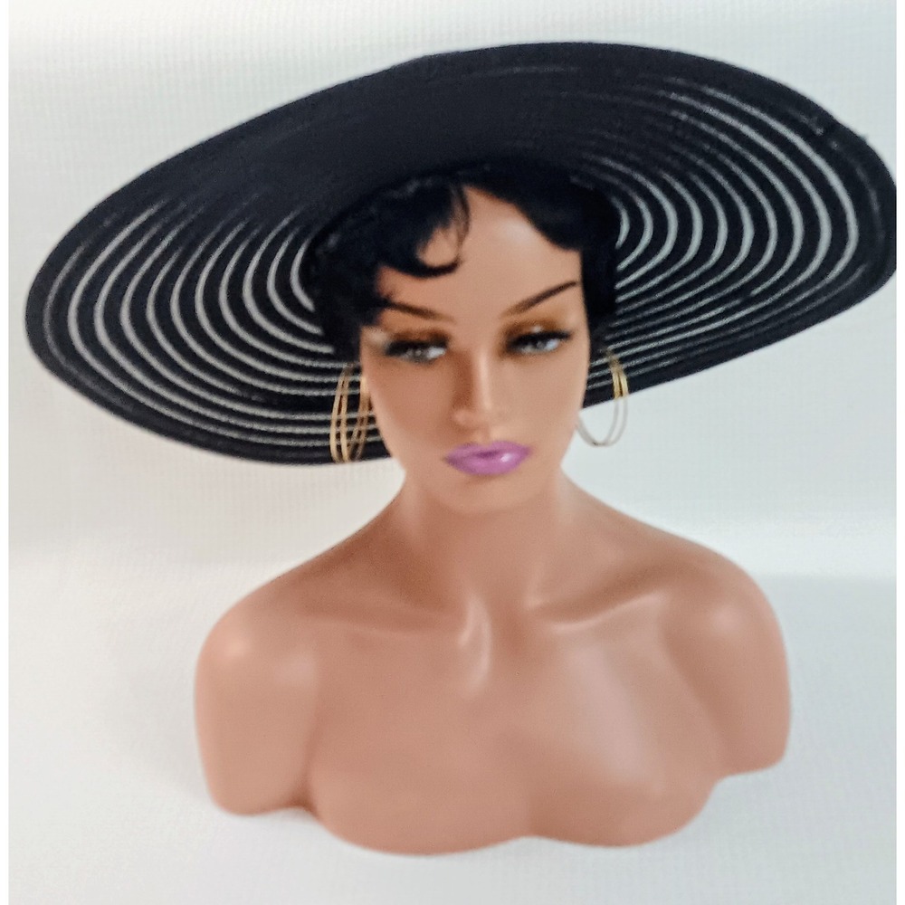 Cato Womens Black Wide Brim Summer Hat Striped Mesh Sun Hat One Size